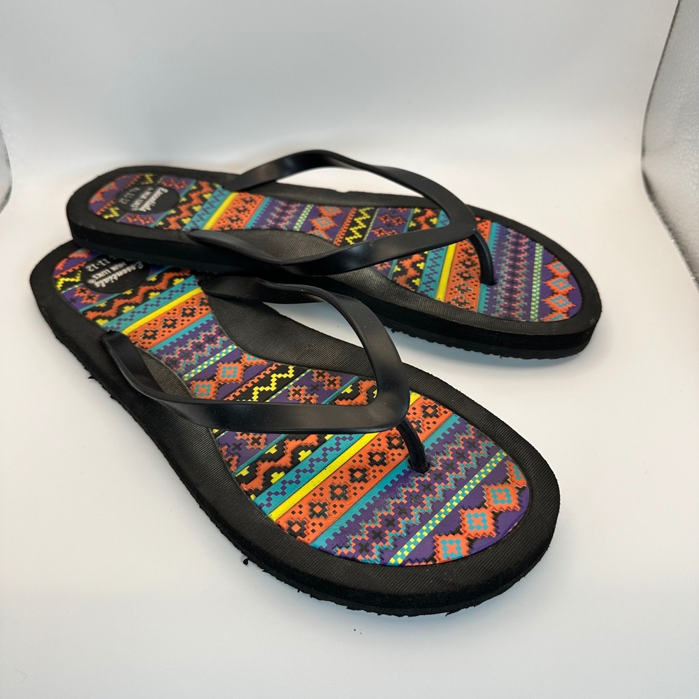 Muk‎ Luks Flip Flops Womens XL 11-12 Black Multi Tribal Geometric Boho Summer